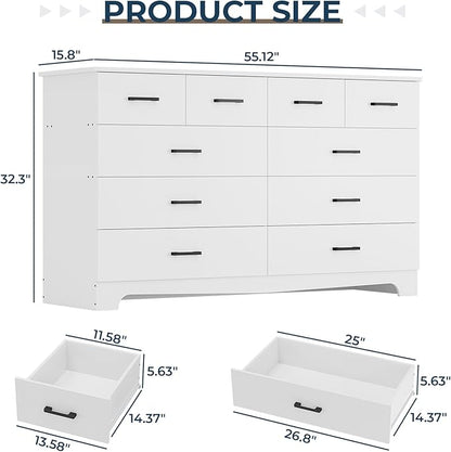 DICTAC White Dresser for Bedroom with 10 Drawers, Large Chest of Drawers Storage Organizer, Long Dresser TV Stand with Power Outlets, Wide Dressers for Bedroom, Living Room 55.1" W x 32.3" H x 15.8" D