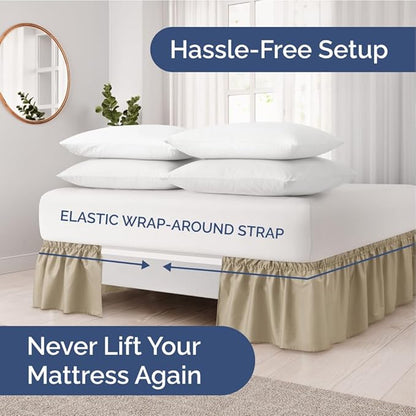 Wrap Around Dust Ruffle Bed Skirt - Beige - for Full Size Beds w/ 14 Inch Drop - Easy Fit Elastic Strap - Adjustable Pleated Bedskirt w/Brushed Fabric, Wrinkle & Fade Free Women, Men, Kids & Teens