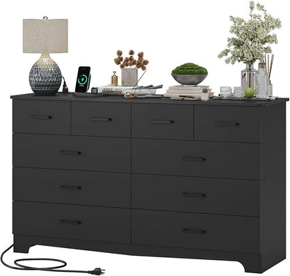 Hasuit 10 Drawer Dresser for Bedroom, Large Chest of Drawers with Charging Station, 55.1'' Wide Storage Clothes Closet Organizer, Long Dresser TV Stand for Living Room, Black