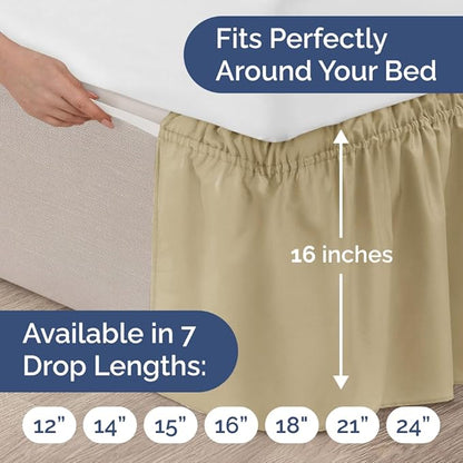 Wrap Around Dust Ruffle Bed Skirt - Beige - for Full Size Beds w/ 16 Inch Drop - Easy Fit Elastic Strap - Adjustable Pleated Bedskirt w/Brushed Fabric, Wrinkle & Fade Free Women, Men, Kids & Teens