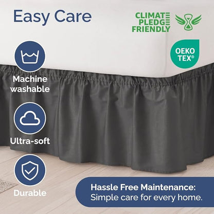 Wrap Around Dust Ruffle Bed Skirt - Charcoal - for King Size Beds w/ 12 Inch Drop - Easy Fit Elastic Strap - Adjustable Pleated Bedskirt w/Brushed Fabric - Wrinkle Free - for Women, Men, Kids & Teens