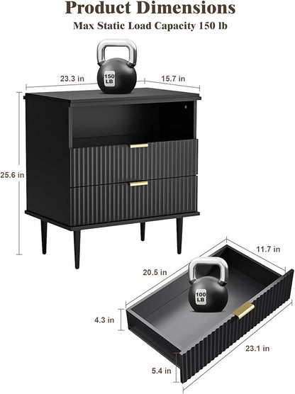 Modern Nightstand with Charging Station, 2-Drawer Fluted Wood Bedside Table with USB, Type-C & AC outlets, Open Storage. Perfect for Your Bedroom (Black, 23.3")