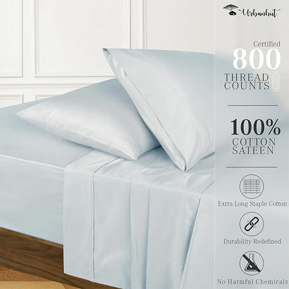 URBANHUT 800 Thread Count 100% Cotton King Size Sheets, Luxury 4 Piece King Bedsheets, Hotel Sheets Sateen Finish - Better Than Egyptian, 16" Elasticized Deep Pocket - Light Blue
