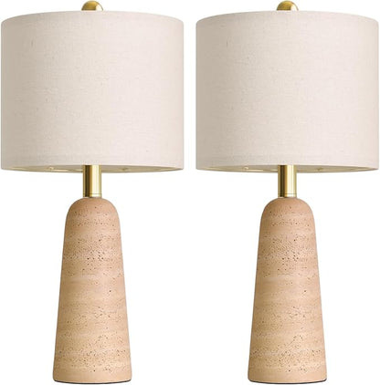 BOBOMOMO 21" Modern Table Lamps Set of 2, Warm Beige Resin Lamp with Stone Look, Small Bedside Lamps for Bedroom, Cozy Nursery Lamps with Linen Shades, Nightstand Lamp for Small Spaces, Entryway