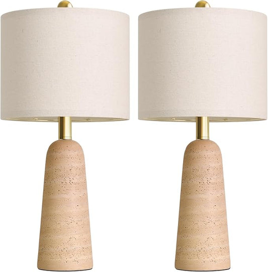 BOBOMOMO 21" Modern Table Lamps Set of 2, Warm Beige Resin Lamp with Stone Look, Small Bedside Lamps for Bedroom, Cozy Nursery Lamps with Linen Shades, Nightstand Lamp for Small Spaces, Entryway