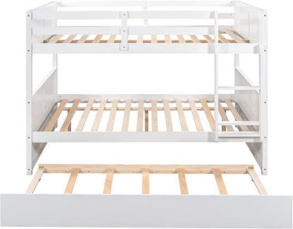 Upgraded Version Best Full Over Full Bunk Bed with Trundle, Thicken Solid Wood Full Size Bunk Bed, Bunkbed Frame Full Over Full, Convertible to 2 Beds, Easy Assembly for Adults (White)