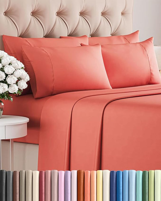 Cal King 6 Piece Sheet Set - Cooling, Comfy & Breathable - Hotel Luxury Bedding, Includes Fitted Sheet for Women, Men, Kids & Teens - 1 Flat, 1 Fitted Sheet, 4 Pillowcases with Deep Pockets - Coral