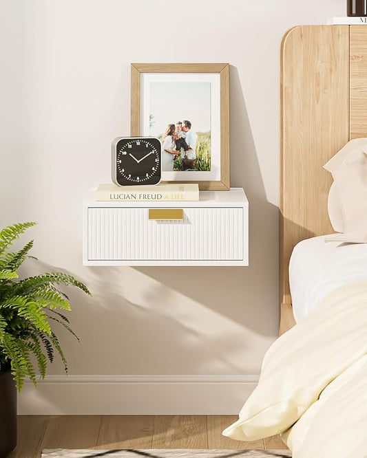 Floating Nightstand, Floating Shelf with Drawer, Wall Mounted Nightstand, Floating Bedside Table (White Stripe)