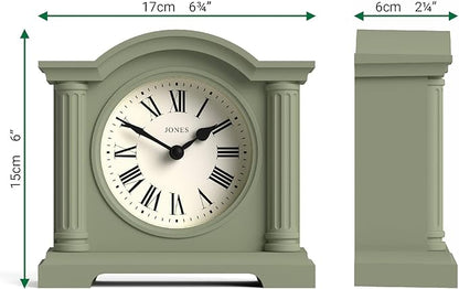 JONES CLOCKS® Kensington Mantel Clock | Classic Arch top Clock | Sage Green | Stylish & Contemporary | Ideal for Desk, Mantelpiece, Bookshelf or Bedside