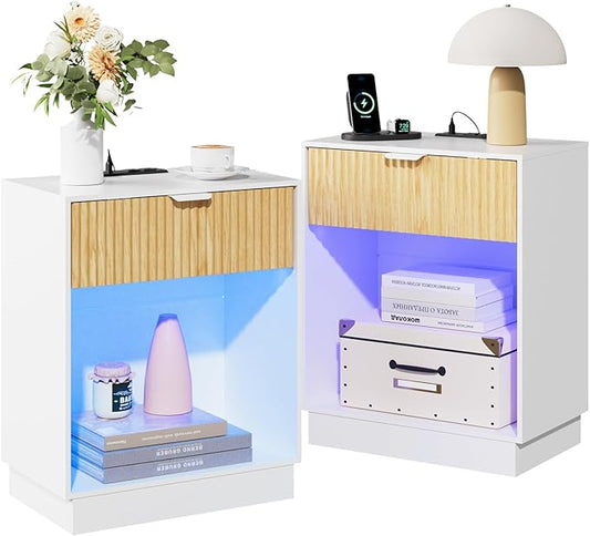 CMFYDAILY Fluted Nightstands Set of 2 with Charging Station & Built-in LED Lights, Bedside Tables with Wave Pattern Drawer & Open Shelf, Safe for Kids, Bedroom Storage