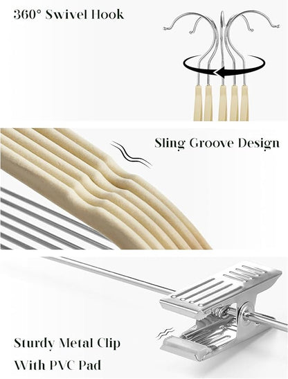 Cozymood Velvet Skirt Hangers 72 Packs Ultra Thin Velvet Hanger with Clips Non Slip Pant Hangers Space Saving Clothes Hangers, Clip Hanger for Pants, Skirts, Jeans, Shorts (Beige)