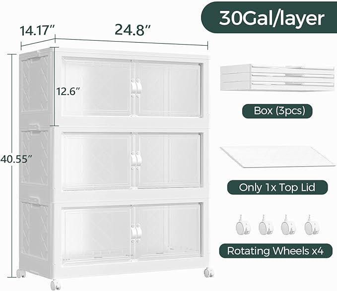 90Gal Stackable Storage Bins with Lid, 360Qt Extra Large Collapsible Storage Box with Doors and Wheels, Plastic Closet Organizer and Storage Cabinet Drawer for Home Kitchen, 3Pack White