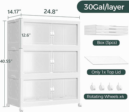 360QT Extra Large Stackable Storage Bins with Lid, 90Gal Collapsible Storage Box with Wheels and Doors, Plastic Closet Organizers and Storage Cabinet for Home Kitchen Office Dorm, 3Pack White