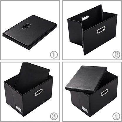 PRANDOM Large Foldable Storage Bins with Lids [3-Pack] Leather Fabric Collapsible Storage Boxes Organizer Containers Baskets Cube with Cover for Home Bedroom Closet Office Black(17.7x11.8x11.8)