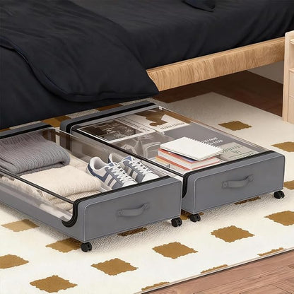 Under Bed Storage with Wheels, 6.7'' Tall Underbed Storage Containers with Lids - Rolling Bins for Shoes Clothes Blankets (Grey, 2-Pack XXL)