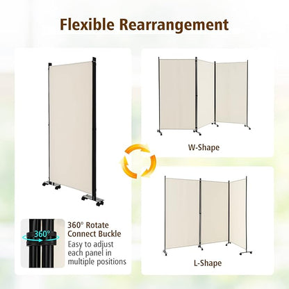 GOFLAME 3 Panel Folding Room Divider, 6FT Rolling Privacy Screen with Lockable Wheels, Portable Room Partition Screen, Freestanding Wall Divider and Separator for Home Office, White