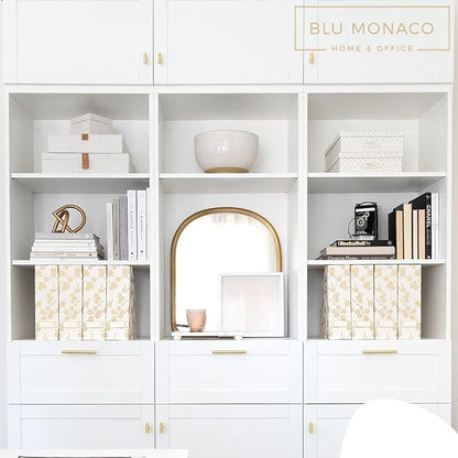 BLU MONACO | Set of 4 Foldable Magazine Storage Boxes with Gold Floral Pattern | Decorative Vertical File Organizers with Gold Label Holders for Desk, Shelves & Home Office