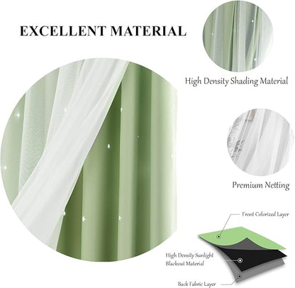 Star Curtains Double Layer Curtains Blackout Curtains for Bedroom Kids Curtains Cute Curtains, Curtains 72 Inches Long 2 Panels Set, Green Curtains, 42 X 72 Inches