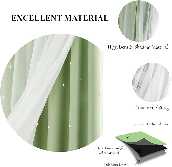 Star Double Layer Blackout Curtains for Bedroom, Kids - Cute, 108 Inches Long, 2 Panels Set, Green, 42 X 108 Inches