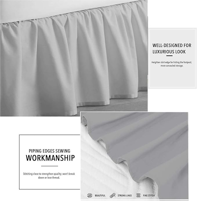 Light Grey Solid Ruffled Bed Skirt Twin-10 Inch Drop Split Corner, Microfiber Bedskirt with Platform Three Sided Coverage