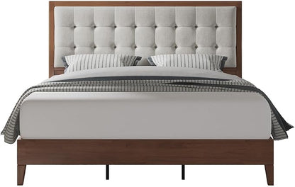 Jocisland Wood King Size Bed Frame,Tall Upholstered Tufted Headboard, Solid Wood Platform, No Box Spring Needed, Walnut