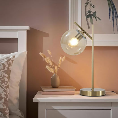 Mid Century Modern Table Lamp, Gold Globe Nightstand Lamp with Cognacs Glass Shade, Metal Brass Desk Lamp for Bedroom Living Room Study Room