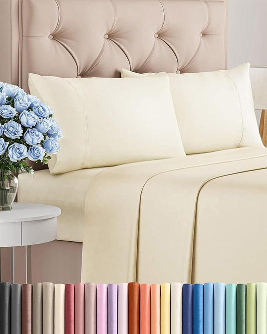 Twin XL 4 Piece Sheet Set - Cooling, Comfy & Breathable - Hotel Luxury Bedding, Includes Fitted Sheet for Women, Men, Kids & Teens - 1 Flat, 1 Fitted Sheet, 2 Pillowcases w/Deep Pockets - Off White