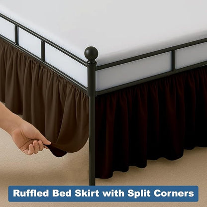 Ruffled Bed Skirt Split Corners with Platform, Tailored Fit Hotel Quality Wrinkle Free Ultra-Soft Microfiber Dust Ruffle, Upto 12 Inch Drop, Full XL, Chocolate