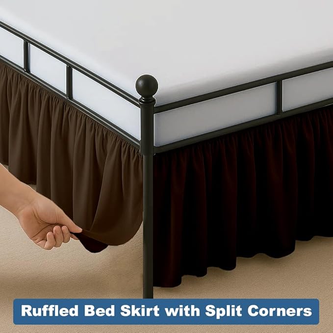 Ruffled Bed Skirt Split Corners with Platform, Tailored Fit Hotel Quality Wrinkle Free Ultra-Soft Microfiber Dust Ruffle, Upto 12 Inch Drop, King, Chocolate