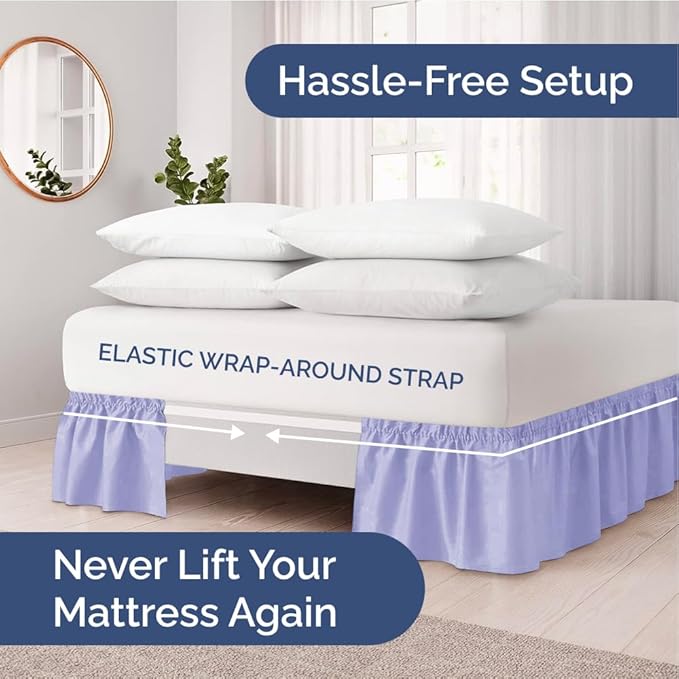 Wrap Around Dust Ruffle Bed Skirt - Lavender - for Full Size Beds with 18 Inch Drop - Easy Fit Elastic Strap - Adjustable Pleated Bedskirt w/Brushed Fabric Wrinkle Free - for Women, Men, Kids & Teens