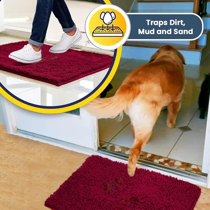 Muddy Mat® | Super Absorbent Door Mat Indoor, Microfiber Quick Dry Chenille Entryway Rug, Non-Slip Front Door Mat, Indoor Mats for Entryway, Machine Washable Pet Rug, Maroon 24" x 120"