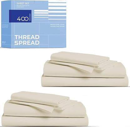 THREAD SPREAD 2-Pack Full Size Sheet Sets - 400 Thread Count 100% Cotton Sateen Weave - Extra Soft, Breathable, Hotel Quality Cooling Sheets, 2 Sets of Full Size Deep Pocket Bed Sheets (Ivory)