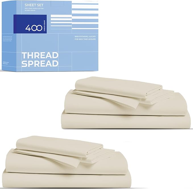 THREAD SPREAD 2-Pack King Size Sheets Set - 400 Thread Count 100% Cotton Sateen Weave - Extra Soft, Breathable, Hotel Quality Cooling Sheets, 2 Sets of King Size Deep Pocket Bed Sheets (Ivory)