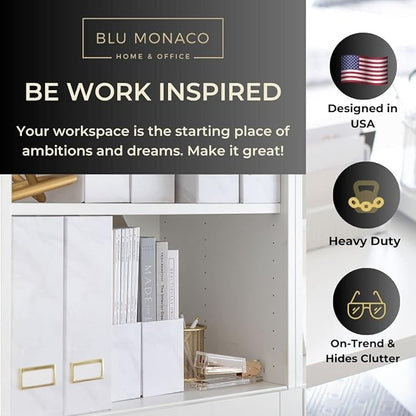 BLU MONACO Set of 4 Magazine Holders | White Marble Design with Gold Label Holders | Foldable File Organizer Boxes for Desk, Office & Classroom | Stylish Paper & Magazine Storage