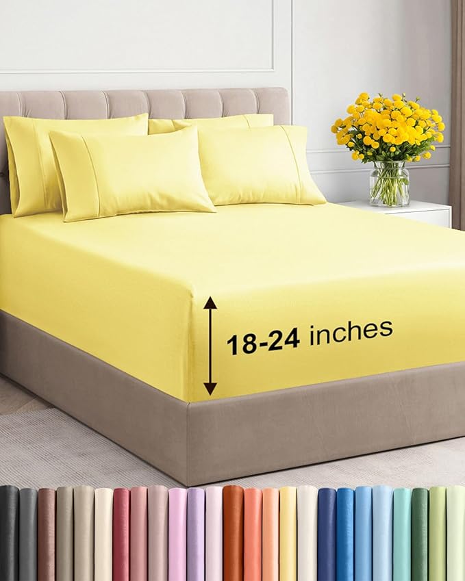 Extra Deep Full Sheet Set - 6 Piece Breathable and Cooling Sheets - Hotel Luxury Bed Sheets Set - Easy & Secure Fit - Soft, Wrinkle Free and Comfy Sheets Set - Yellow Sheet Set with Extra Deep Pockets