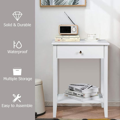 Giantex Nightstand Wooden 2-Tier Couch Sofa Side Table with Drawer, Storage Shelf, Solid Wood Legs,Mufti-Functional Home Furniture for Living Room Bedroom Study Room End Table (1, White)