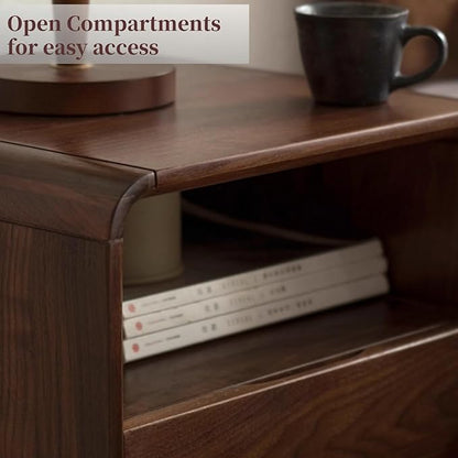 Walnut Night Stand Set of 2, Solid Wood Nightstand with Drawer, Walnut Bedside Table, Mid Century Modern Nightstand, Small Bed Side Table for Small Spaces Bedroom(Dark Black Walnut, 20.47" H)