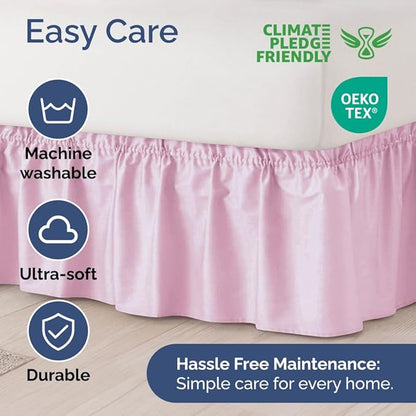 Wrap Around Dust Ruffle Bed Skirt - Light Pink - for King Size Beds with 24 Inch Drop - Elastic Strap - Adjustable Pleated Bedskirt with Brushed Fabric and Wrinkle Free - for Women, Men, Kids & Teens