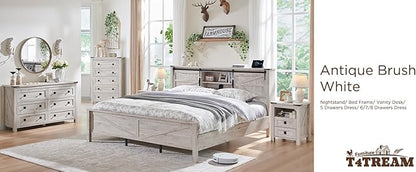 T4TREAM Nightstand with Charging Station, End Table, Side Table with 2 Drawers Storage Cabinet for Bedroom, Living Room, Farmhouse Design, Wood Rustic, Antique Brush White