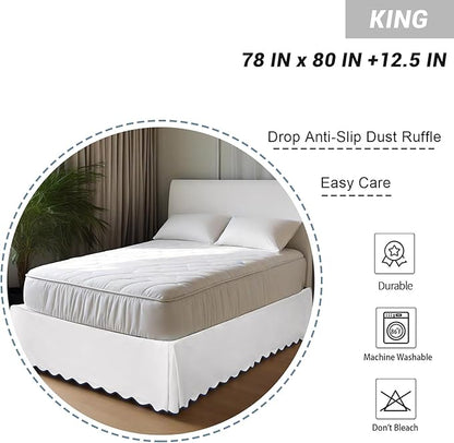 HIG King Bed Skirt - Easy Fit Scallop Edge Pleated Bedskirts with Spilt Coner, 12 Inch Drop Anti-Slip Dust Ruffle, Thick Fabric for Enhanced Privacy, Pre-Washed for Long-Lasting Use, Machine Washable