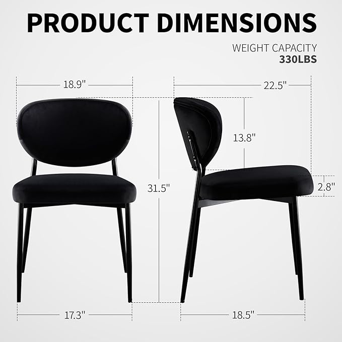 Black Dining Chairs Set of 2 Velvet Upholstered Dining Room Chairs Wide Seat Filled with 58D Memory Foam Modern Kitchen Chairs with Curved Back & Swivel Leveling Feet for Restaurant
