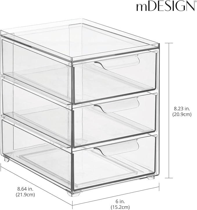 mDesign Plastic Stackable Organizer with 3 Drawers - Pull-Out Drawer Storage Bin for Bathroom Sink/Cabinet Organization - Perfect for Makeup, Small Towels, and More - Lumiere Collection, Clear