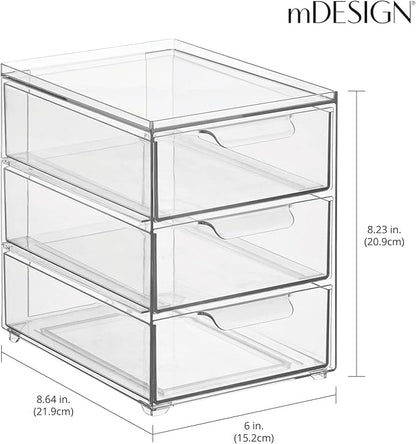 mDesign Plastic Stackable Organizer with 3 Drawers - Pull-Out Drawer Storage Bin for Bathroom Sink/Cabinet Organization - Perfect for Makeup, Small Towels, and More - Lumiere Collection, 2 Pack, Clear