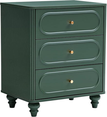 3 Drawer Fluted Dresser for Bedroom Set of 2, Mid Century Modern Chest of Drawers, Wood Storage Small Dresser Organizer for Bedroom Living Room Hallway Closet, Green