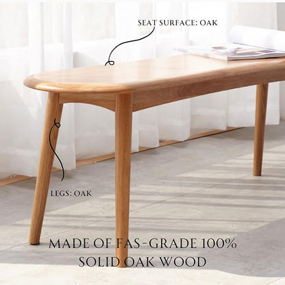 100% Solid Oak Dining Bench, Wood Bench for Bedroom End of Bed with Rounded Corners, Entryway Benches for Dining Room, Kitchen, Living Room (Natural Oak, 47.2")