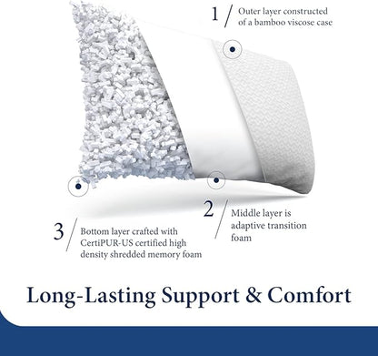Cosy House Collection Luxury Rayon Derived from Bamboo Shredded Memory Foam Pillow - Adjustable & Removable Fill - Cool & Breathable Cover with Zipper for Side, Back, & Stomach Sleepers (Queen)