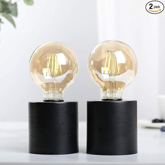 JHY DESIGN Set of 2 Black Table Lamp Battery Powered 7" Tall Cordless Lamp Light with Edison Style Bulb Battery Operated Great for Living Room Bedroom Weddings Parties Indoors Outdoors