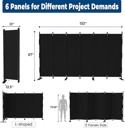 Room Divider, 6 Panel Upgraded Folding Privacy Screen, 132” Highly Secretive Separation with 4 Metal Feet, Partition Screen, Lightweight Freestanding Wall Divider Bedroom (Black)