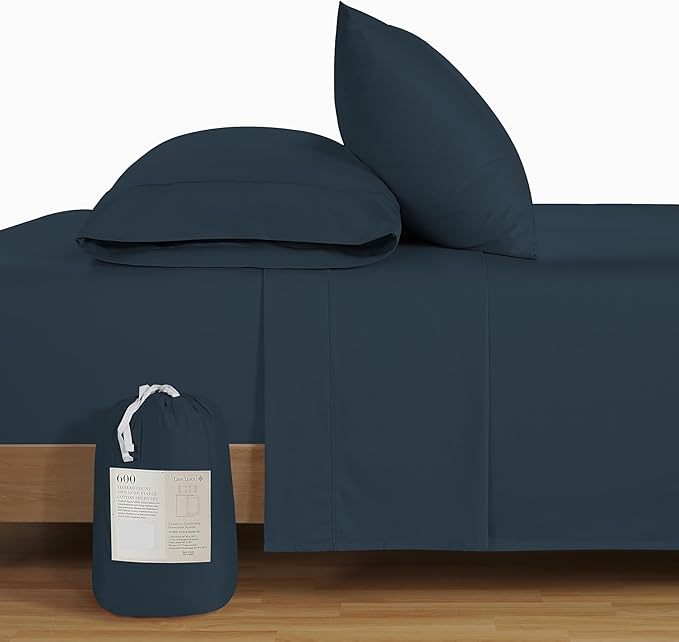 LANE LINEN 100% Cotton Sheets Queen Size – 600 Thread Count Naturally Cooling Queen Bed Set, Durable Bedding for Daily Use, Luxury Sateen Finish, Snug Fit 15" Deep Pocket Fitted Sheet – Estate Blue