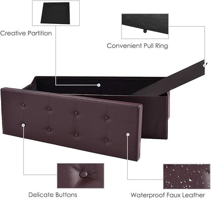Giantex 45" Folding Storage Ottoman Bench, Storage Chest to Support 660lbs, 165L Storage Trunk Footrest Padded Seat Coffee Table for Bedroom Hallway, Faux Leather, Brown